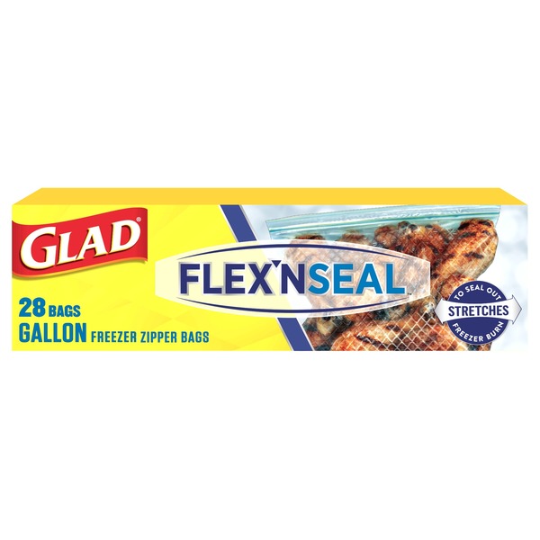 Glad FLEXN SEAL Zipper Freezer Storage Gallon Bags, 28 Count