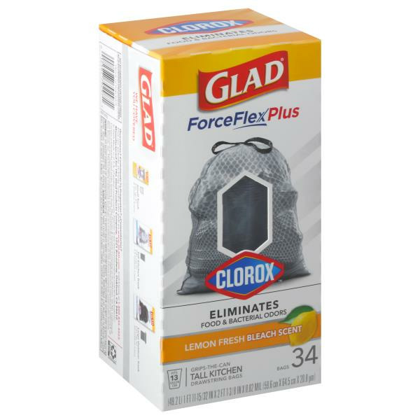 Glad ForceFlex Plus Tall Kitchen Bags, Drawstring, Lemon Fresh Bleach Scent - 34 bags