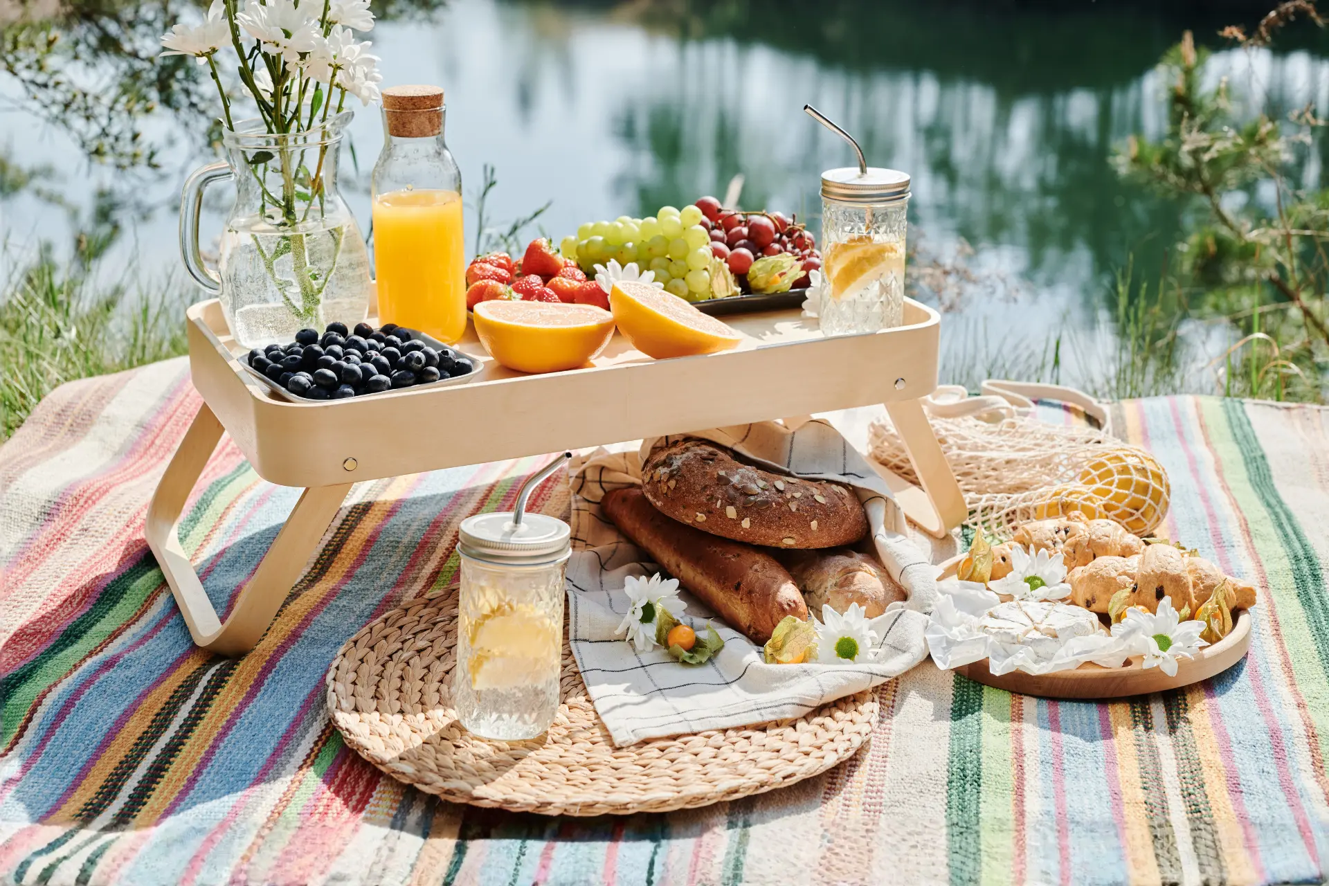 Family beach week bundle with fresh fruit, bread, juice, and picnic staples on Anna Maria Island.